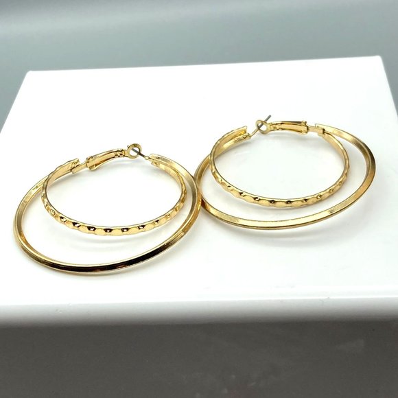 Unique Vintage Double Hoop Earrings, Hammered and Beveled Gold Tone, Good Size - Picture 2 of 5